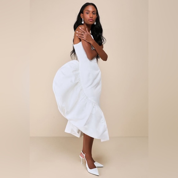 LULU’S Magnificent Presence White Ruffled Asymmetrical Midi Dress - Picture 3 of 5